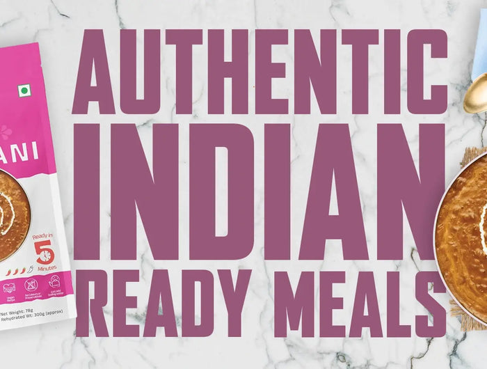 Advertisement for Authentic Indian Ready Meals with packaging and food on a pink background