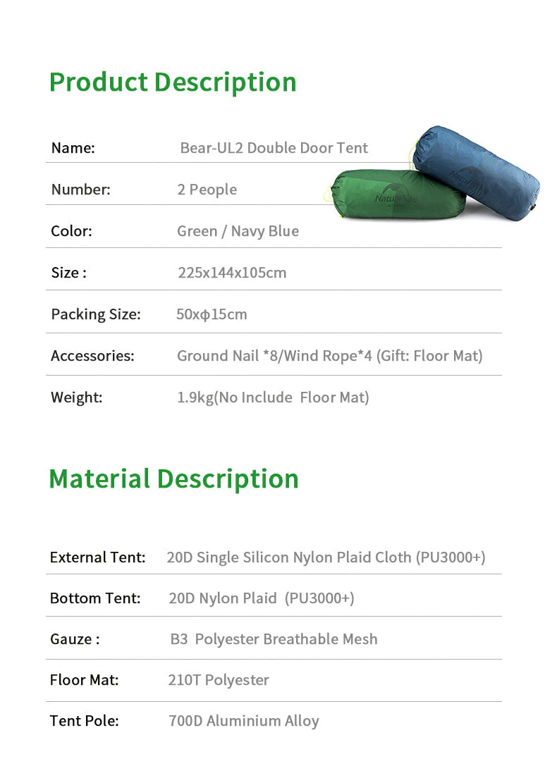 Load image into Gallery viewer, Naturehike Bear-UL2 2 Man Tent (Green) 20D By NatureHike
