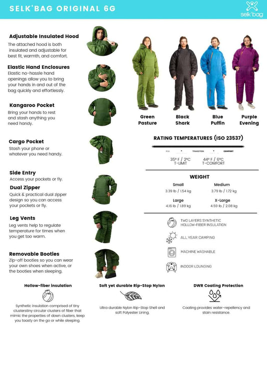 Selk'bag Original 6G Green Pasture Sleeping Bag Suit (Various sizes) By Selk'bag