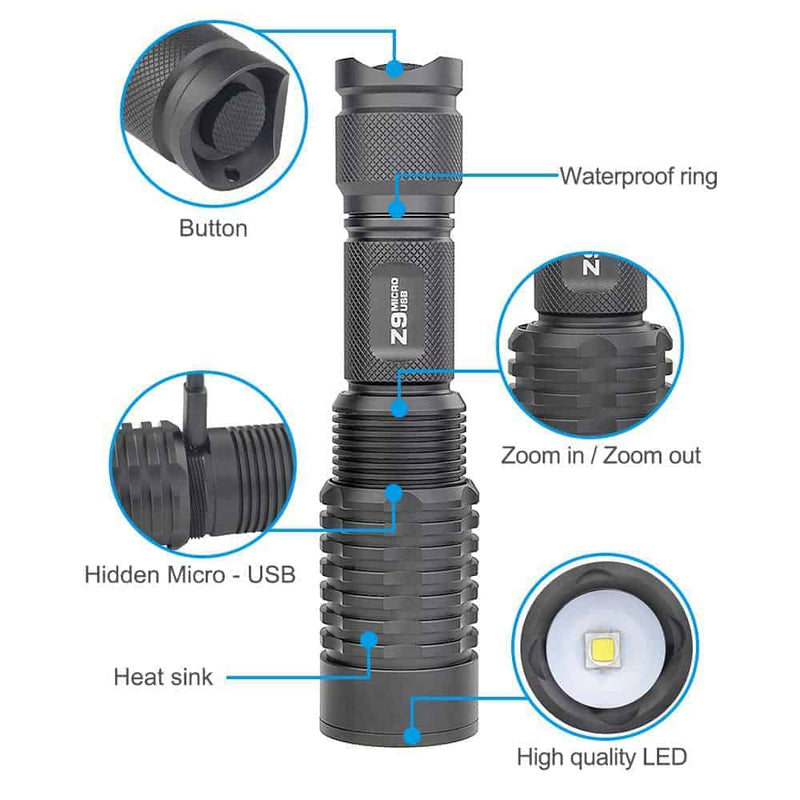 Load image into Gallery viewer, Trust Fire Z9 Zoomable 3 mode Flashlight USB recharge By Trust Fire
